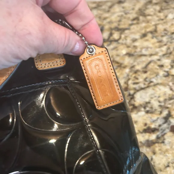 COACH Black Patent Leather Tote with Tan Leather Trim - Picture 6 of 9